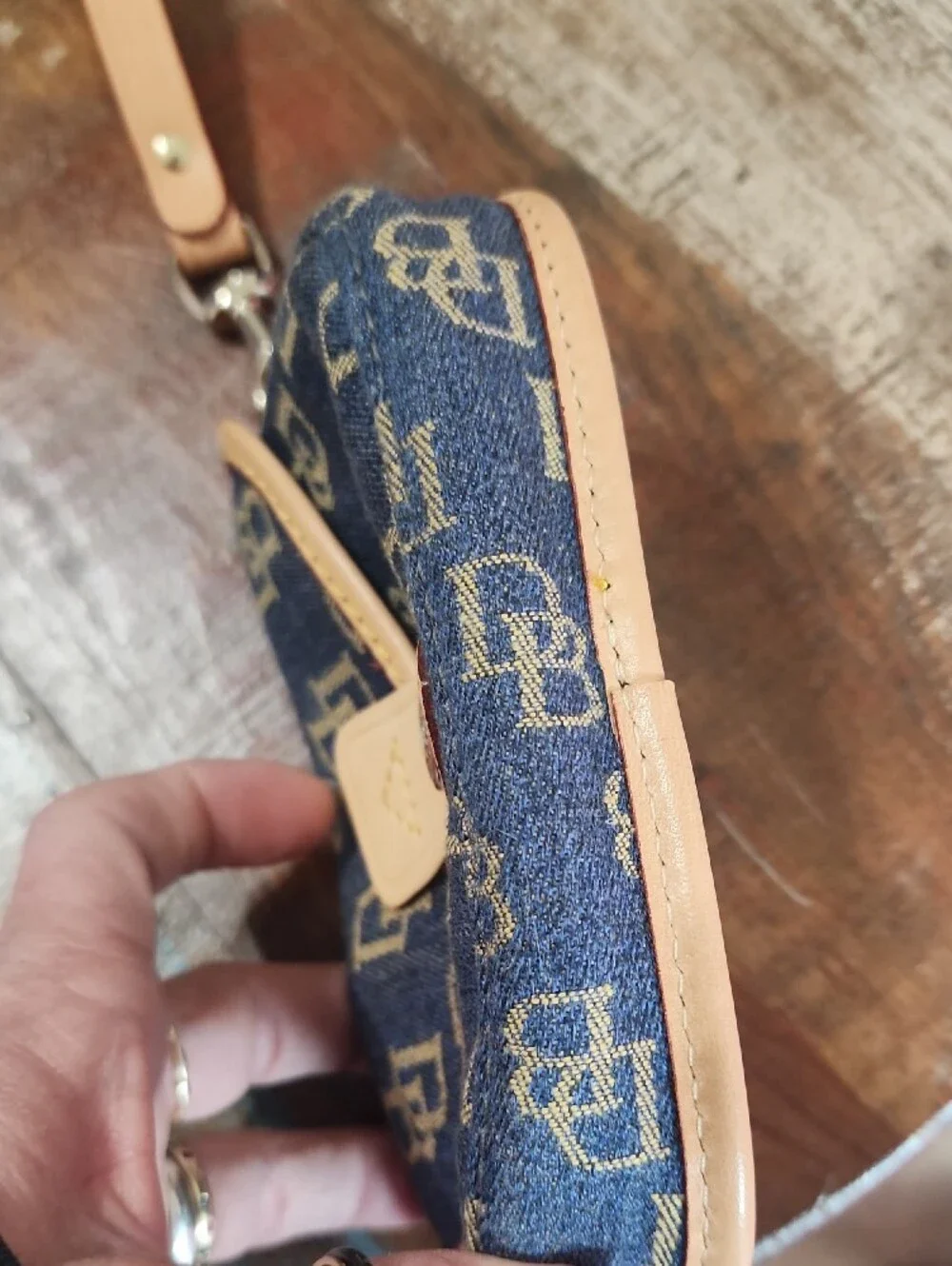 Dooney & Bourke Denim Blue Leather Signature DB Wristlet Clutch Snap Pouch
